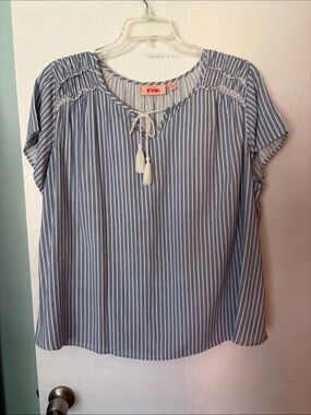 EVRI Blue & White Striped Tassel Tie Peasant Blouse